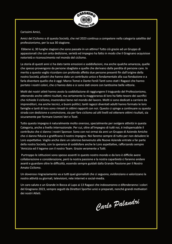 Lettera del presidente Carlo Palandri in occasione dei 30 anni di attività del Gragnano SC